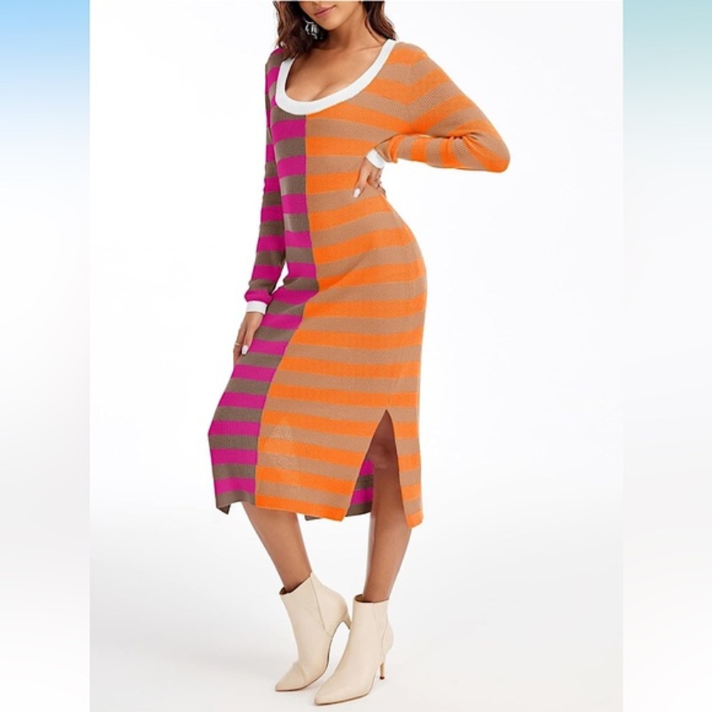Long Sleeve Midi Dress with Pink, Orange and tan stripes - Size M
